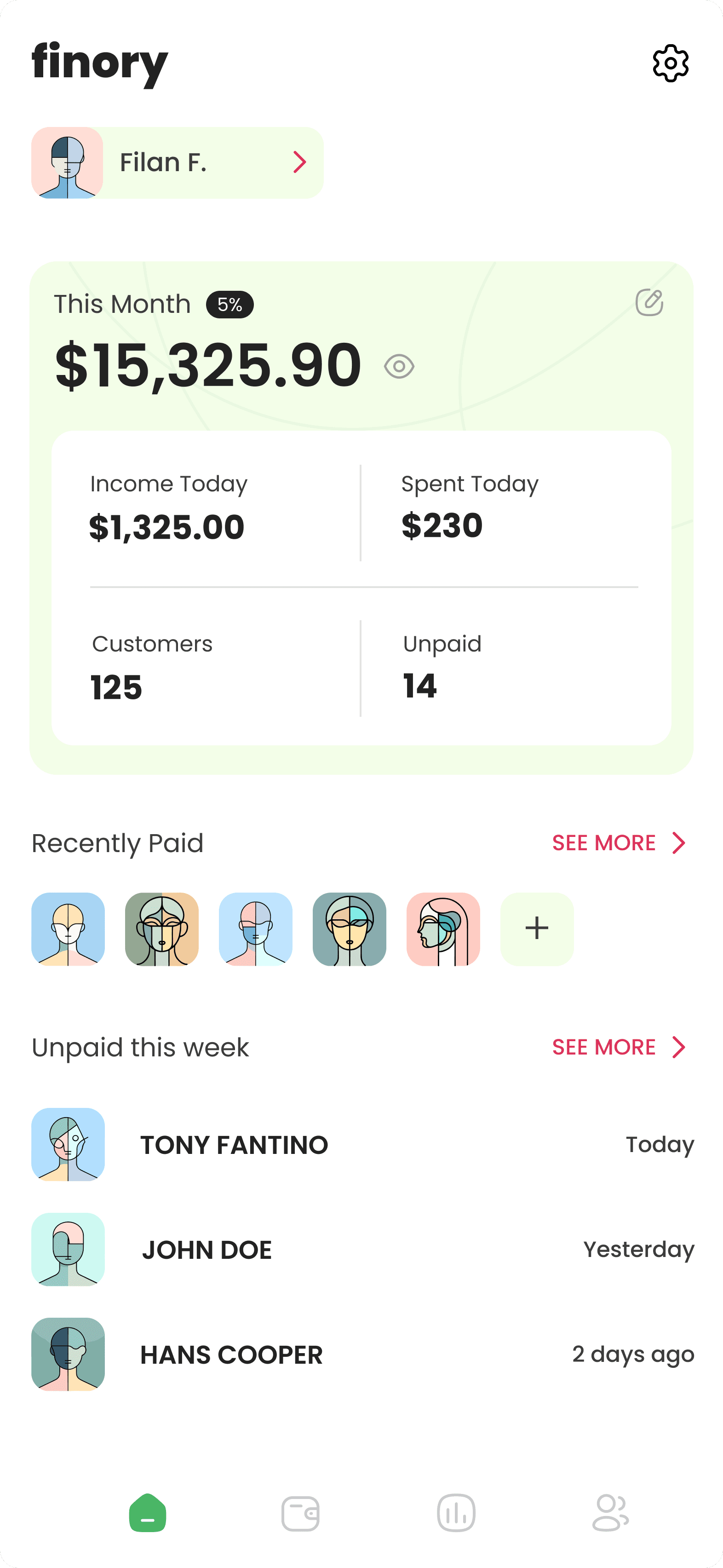Finory home screen with this month's balance, income, and unpaid customers